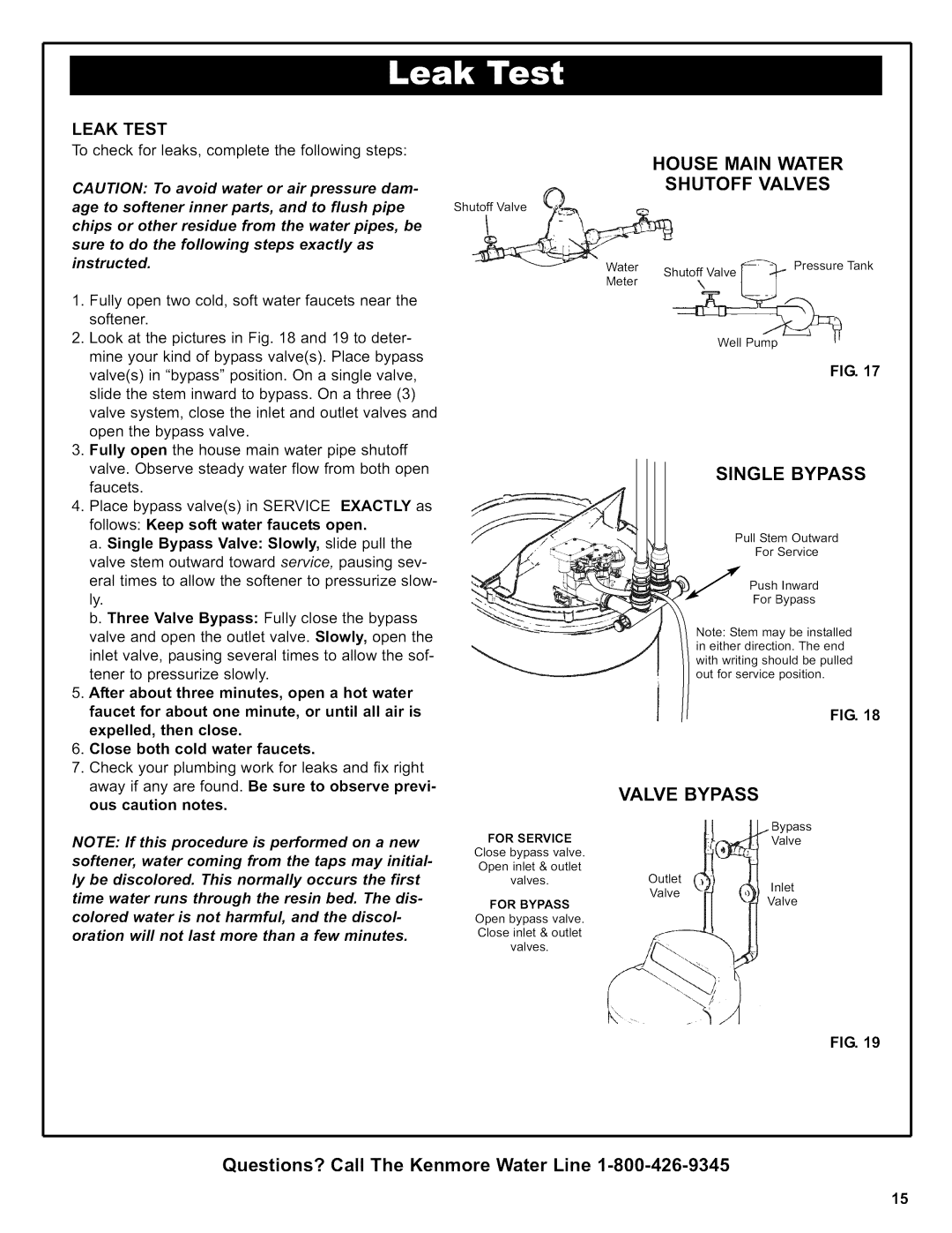 Kenmore 625.38306 owner manual House Main Water Shutoff Valves, Single Bypass, Leak Test 