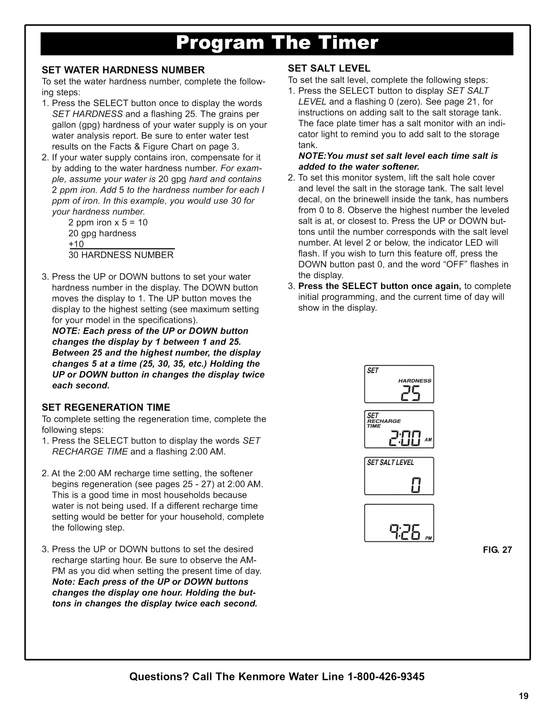 Kenmore 625.38306 owner manual SET Water Hardness Number, SET Regeneration Time, SET Salt Level 