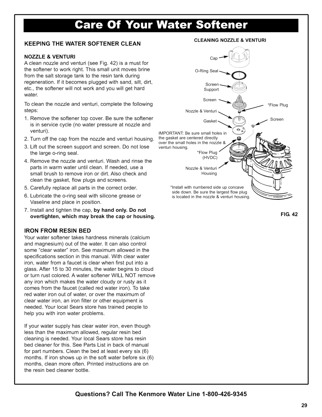 Kenmore 625.38306 owner manual Cleaning Nozzle & Venturi Keeping the Water Softener Clean, Iron from Resin BED 