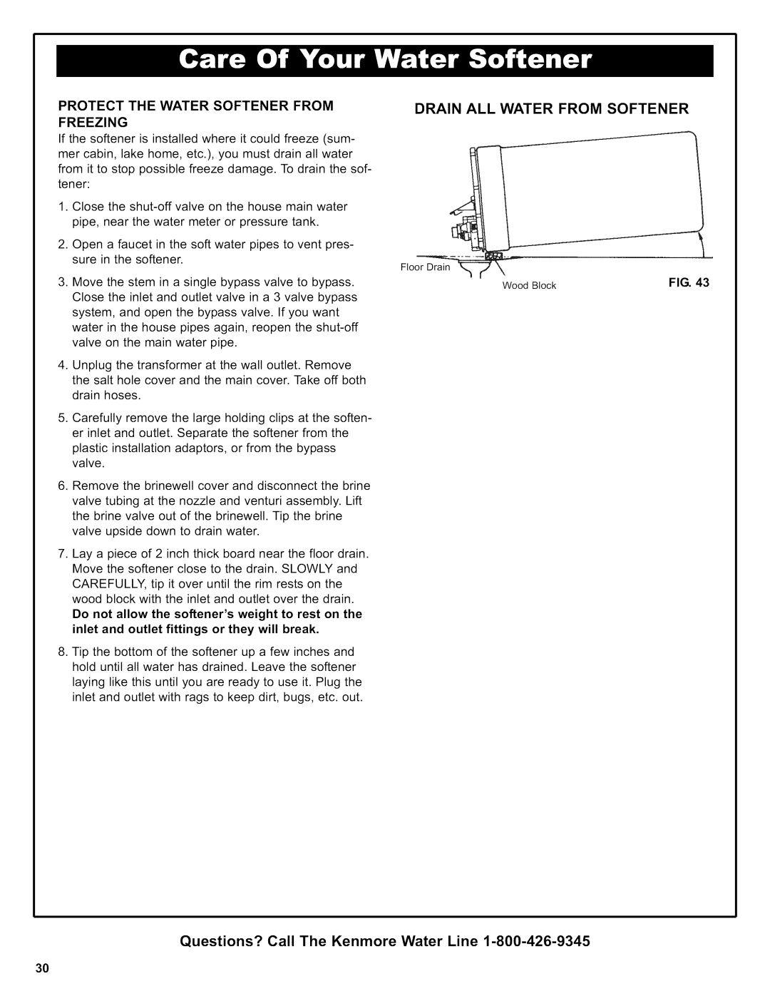 Kenmore 625.38306 owner manual Drain ALL Water from Softener, Protect the Water Softener from Freezing 