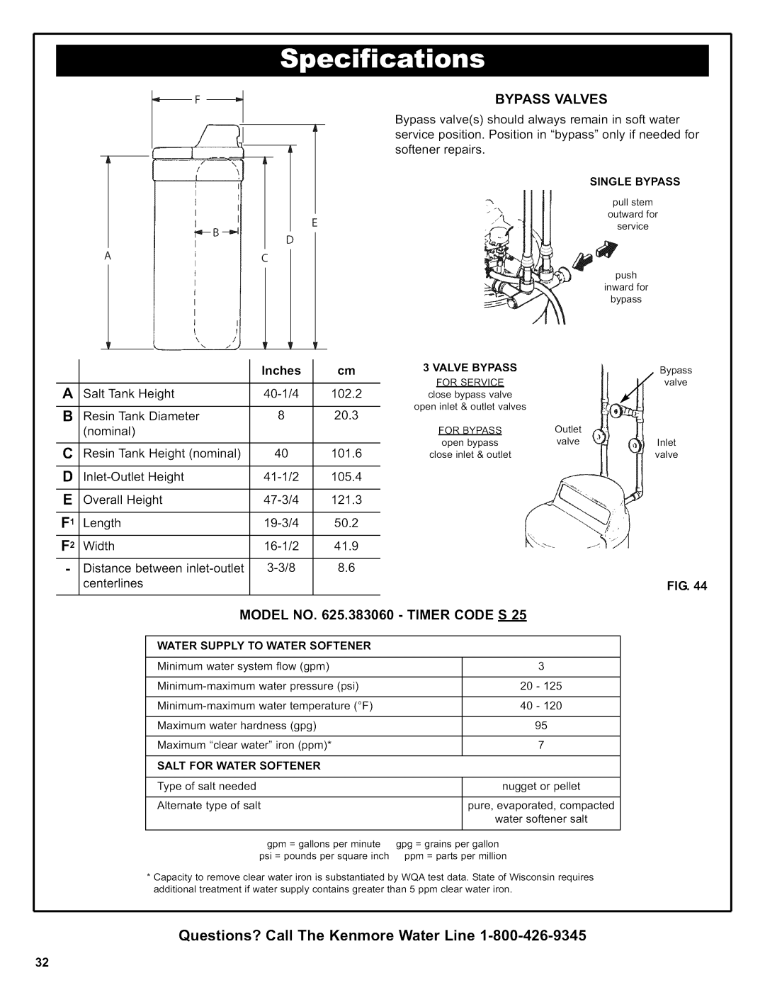 Kenmore 625.38306 owner manual Bypass Valves, Model no .383060 Timer Code S 