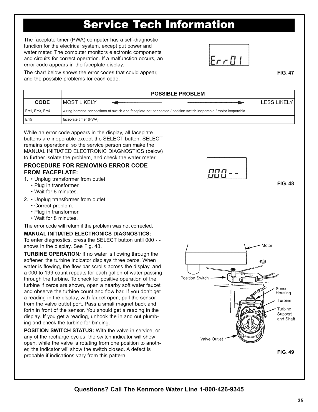 Kenmore 625.38306 Possible Problem Code Most Likely Less Likely, Procedure for Removing Error Code From Faceplate 