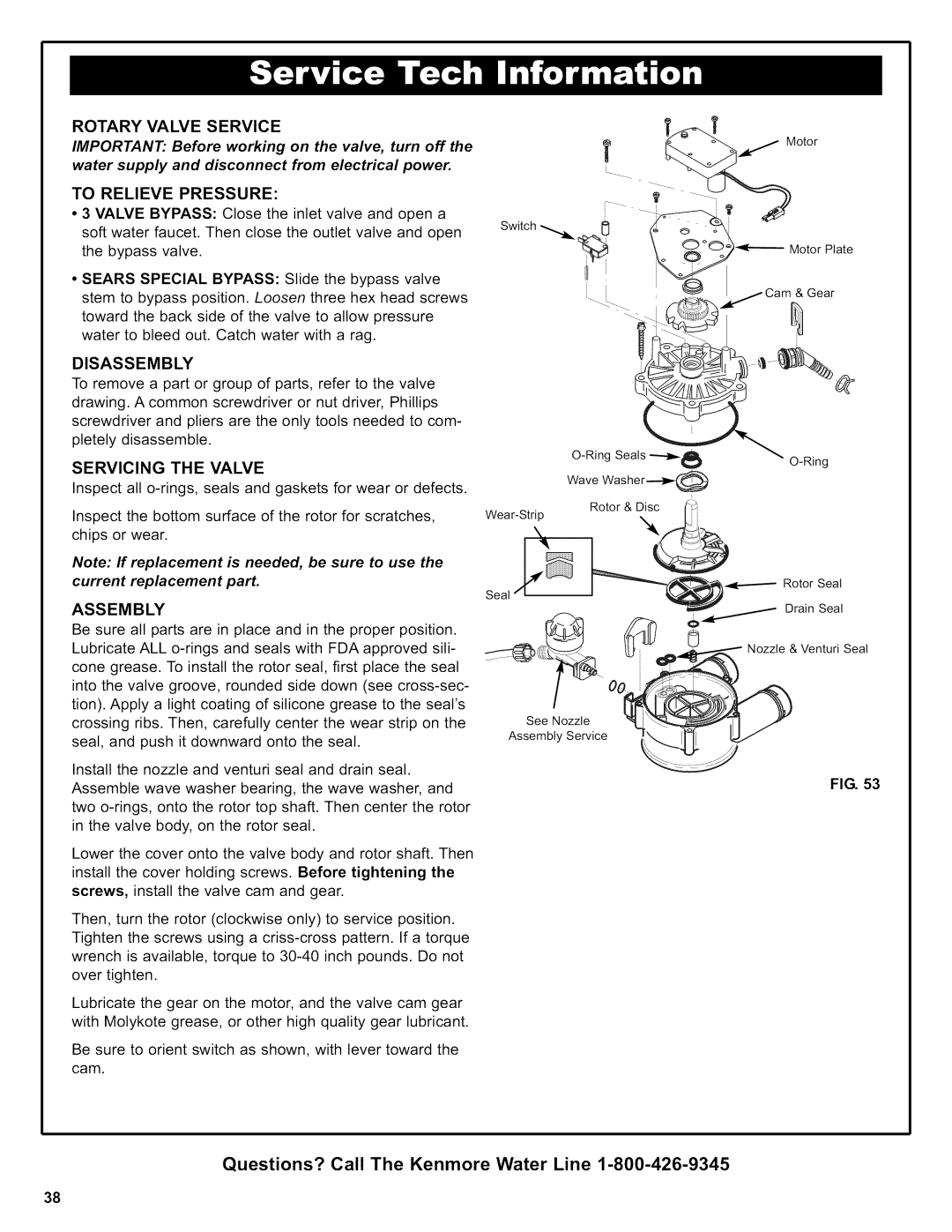 Kenmore 625.38306 owner manual To Relieve Pressure, Disassembly, Servicing the Valve, Assembly 