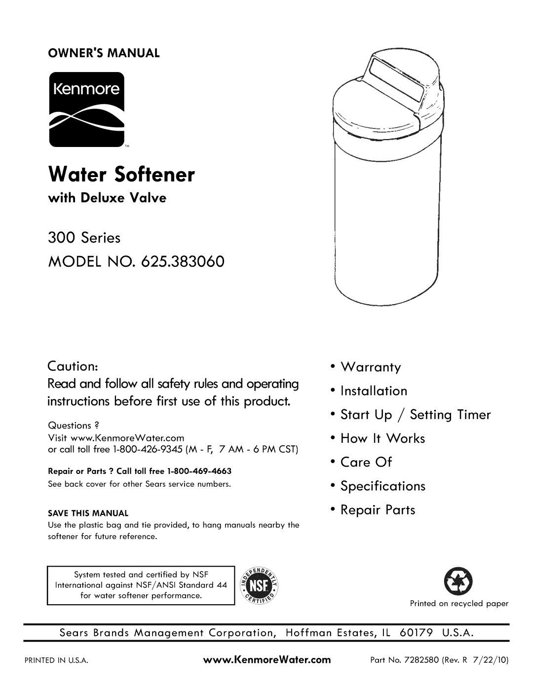 Kenmore 625.38306 owner manual Water Softener 