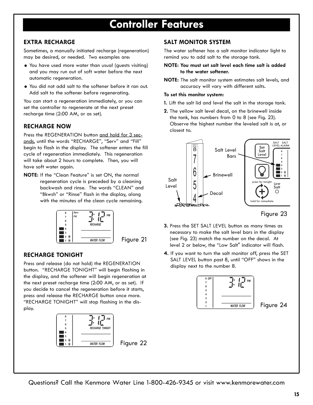 Kenmore 625.3835 manual Extra Recharge, Recharge NOW, Recharge Tonight, Salt Monitor System 