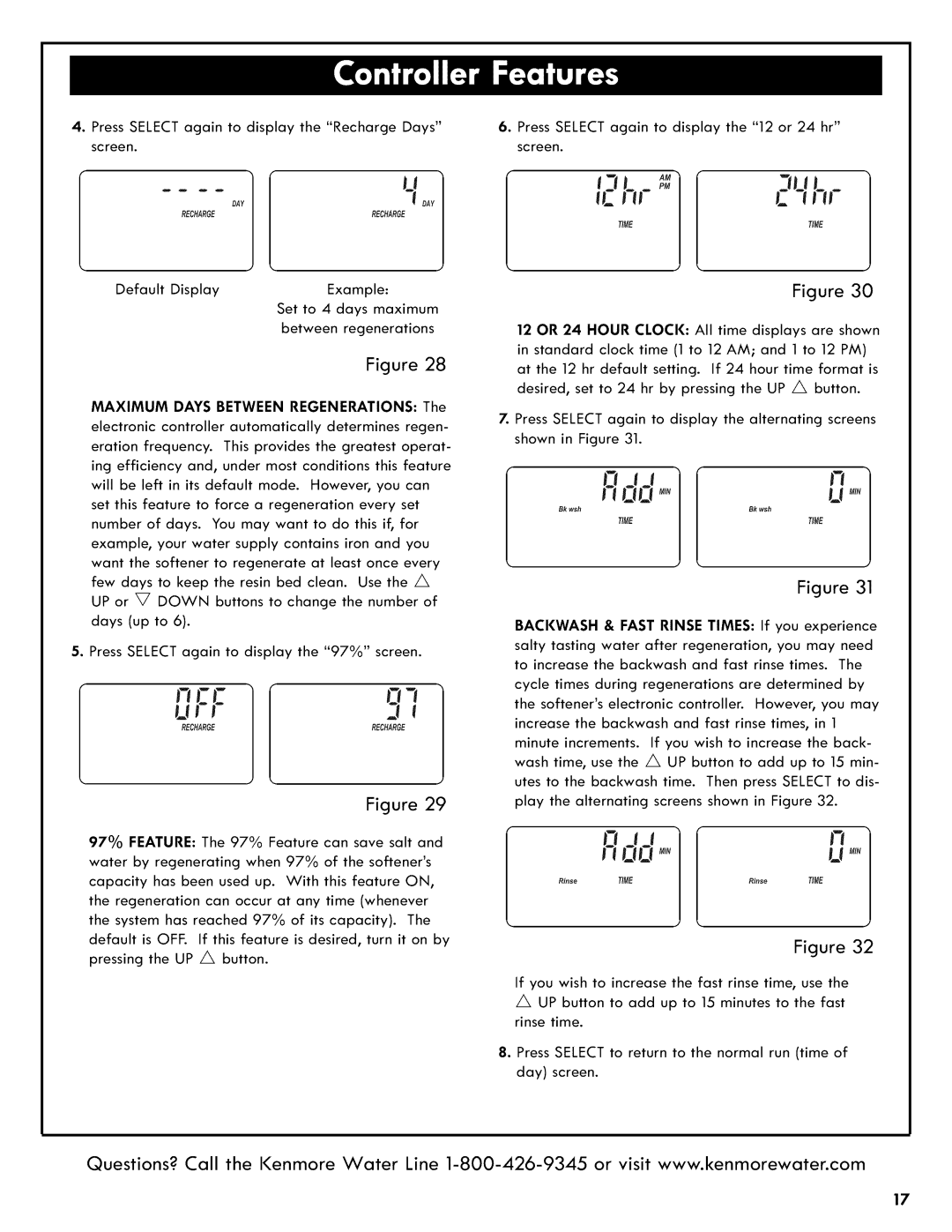 Kenmore 625.3835 manual O0 MIN, Maximum Days Between Regenerations 