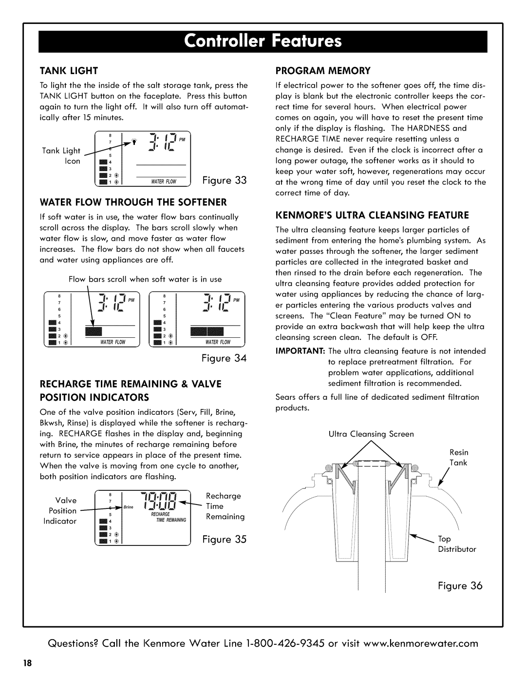 Kenmore 625.3835 manual Tank Light, Water Flow Through the Softener, Recharge Time Remaining & Valve Position Indicators 