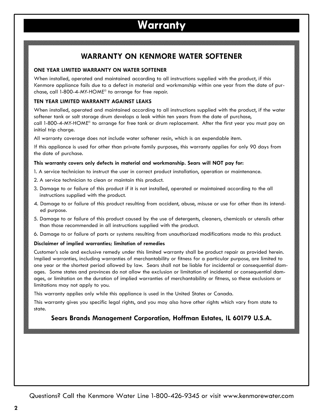 Kenmore 625.3835 manual Warranty on Kenmore Water Softener, Disclaimer of implied warranties limitation of remedies 