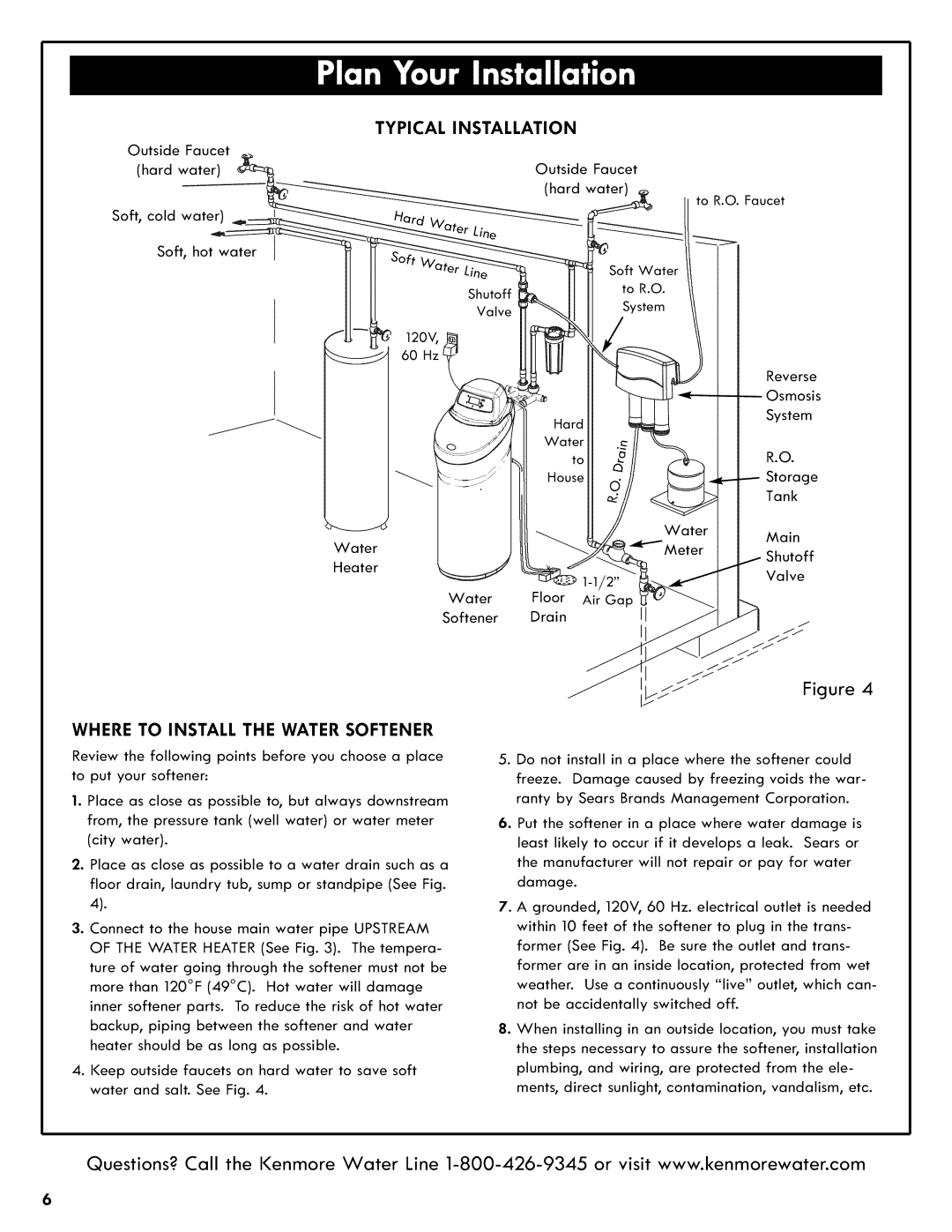 Kenmore 625.3835 manual Typical Installation Where to Install the Water Softener 