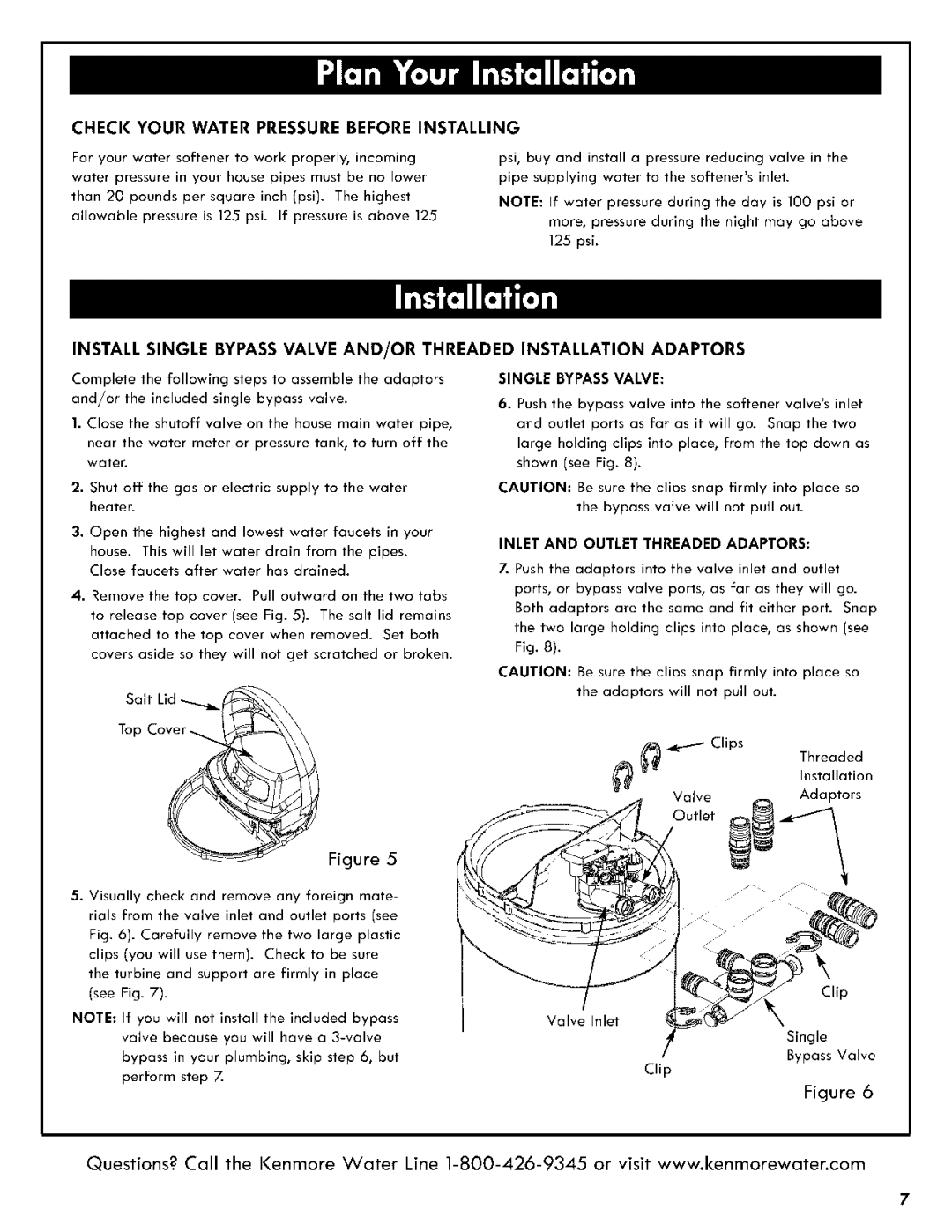 Kenmore 625.3835 manual Check Your Water Pressure Before Installing, Single Bypass Valve 