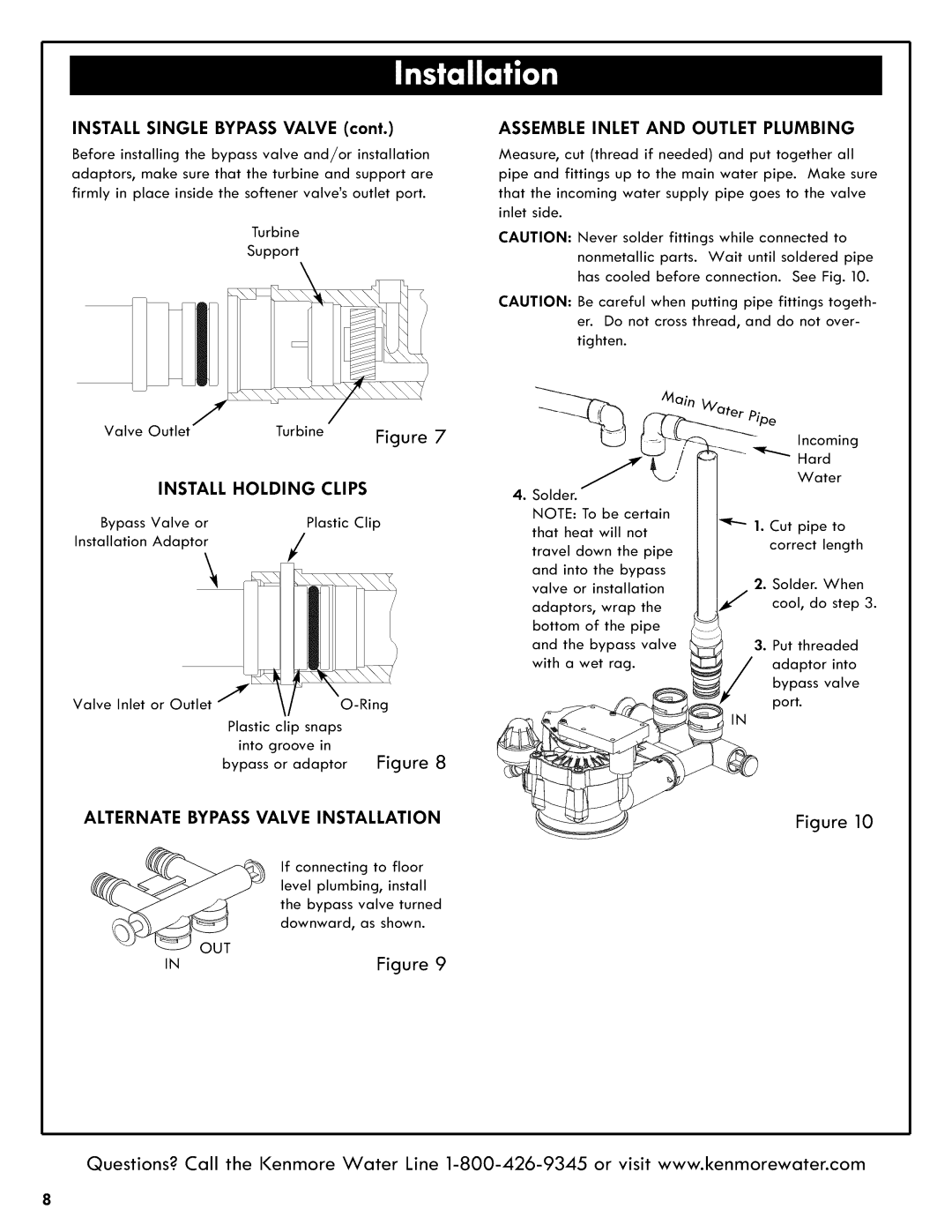 Kenmore 625.3835 manual Assemble Inlet and Outlet Plumbing, Install Holding Clips, Alternate Bypass Valve Installation 