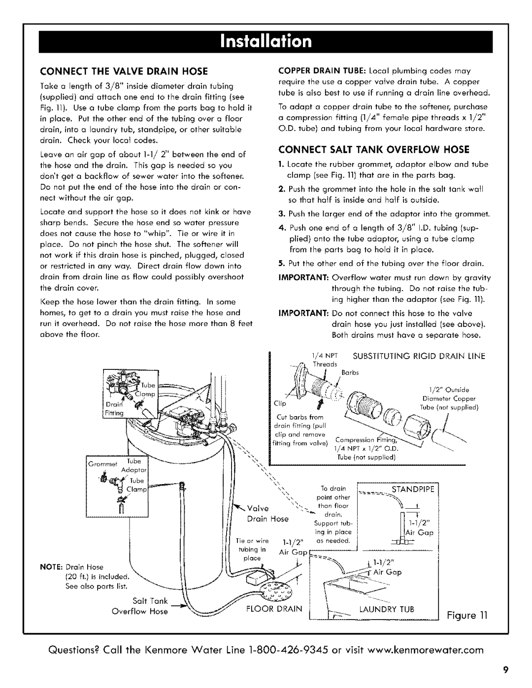 Kenmore 625.3835 manual Connect the Valve Drain Hose, Connect Salt Tank Overflow Hose 