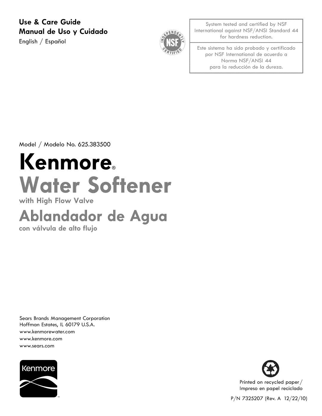 Kenmore 625.3835 manual Ienmore, Agua, Use & Care, Guide, Manual de, Uso y Cuidado, Model ,/Modelo No 