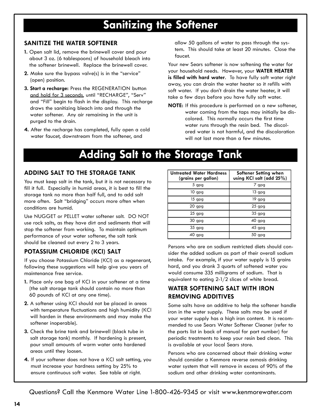 Kenmore 625.3835 manual Adding Salt To The Storage Tank, Potassium Chloride Ici Salt, Softener Setting when, grains 