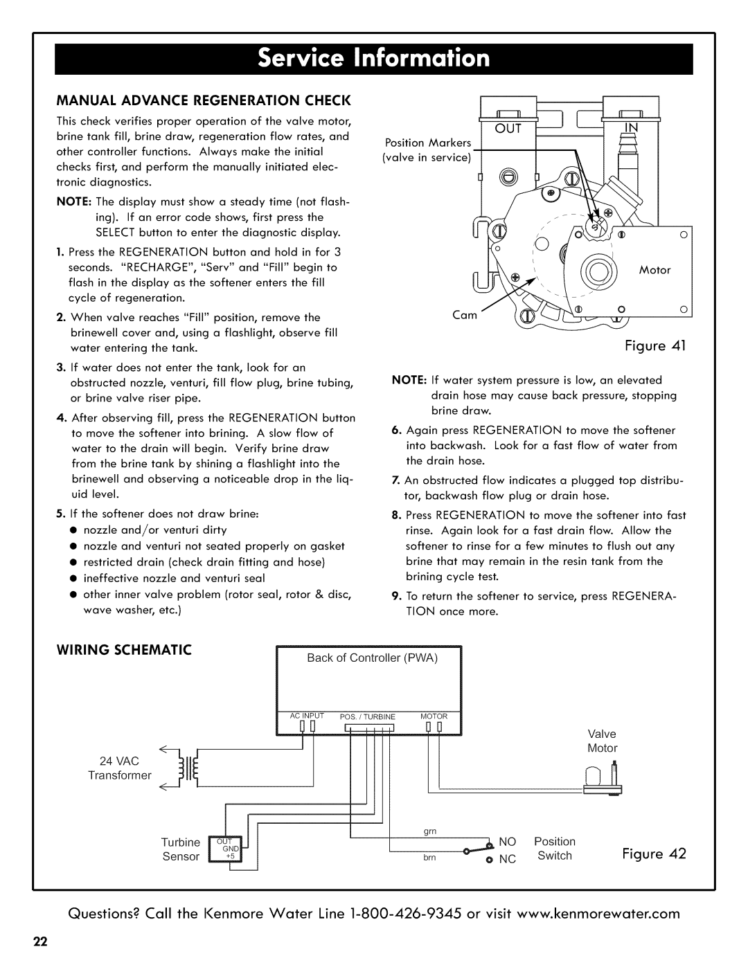 Kenmore 625.3835 manual Manual Advance Regeneration Check, Position Markers valve in service, Wiring Schematic 