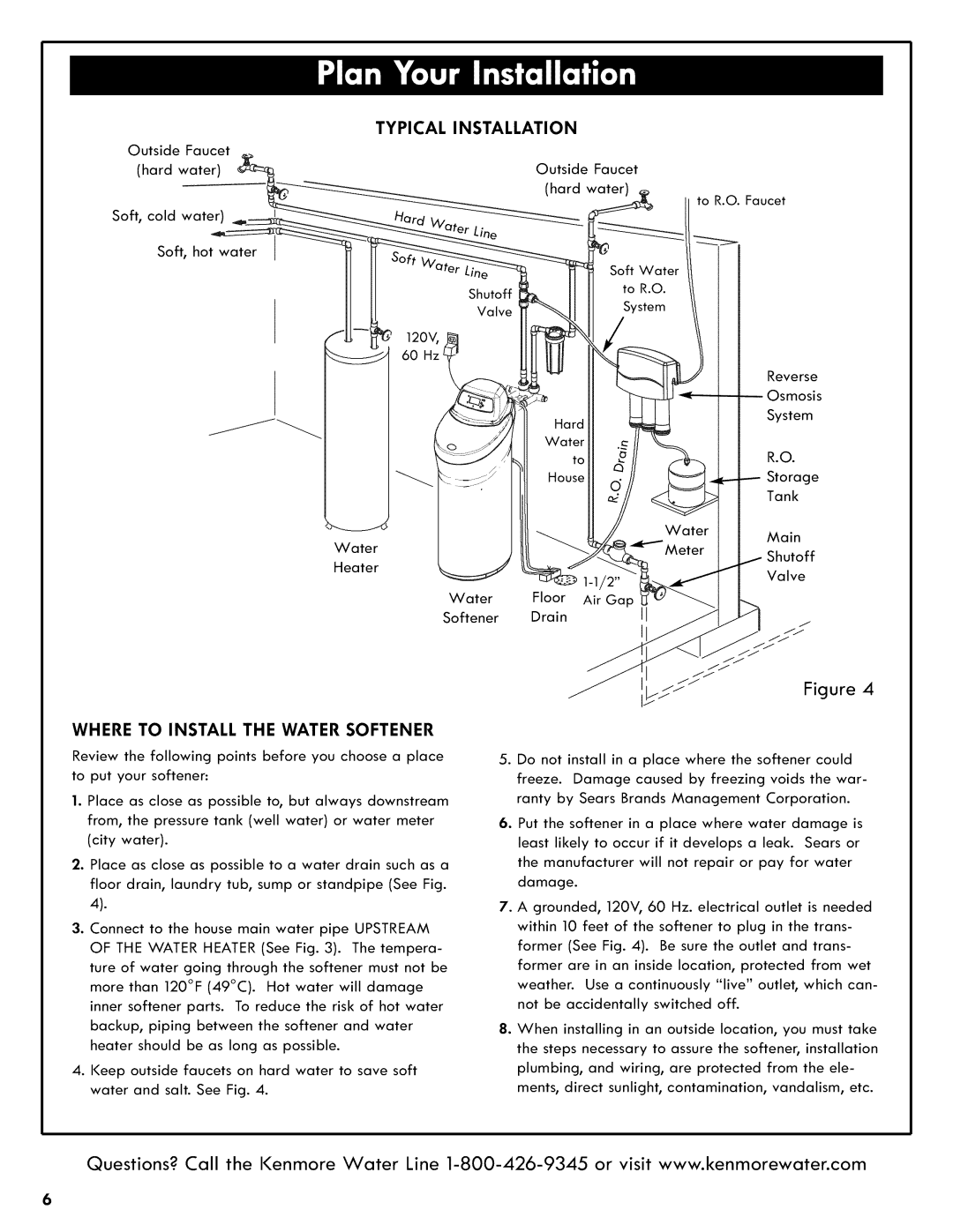 Kenmore 625.3835 manual Typical Installation, Where To Install The Water Softener 
