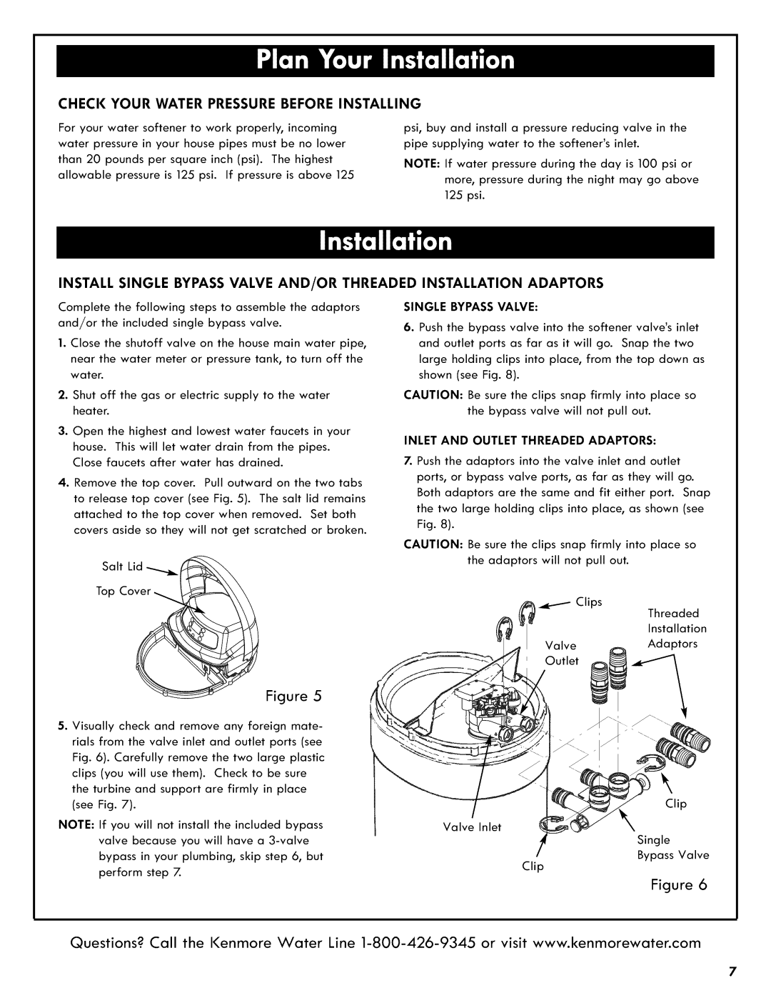 Kenmore 625.3835 Check Your Water Pressure Before Installing, Single Bypass Valve, Inlet And Outlet Threaded Adaptors 