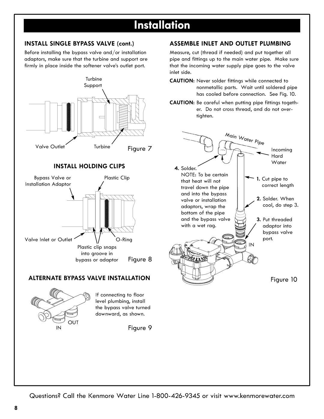 Kenmore 625.3835 manual Assemble Inlet And Outlet Plumbing, Holding Clips, Alternate Bypass Valve Installation 