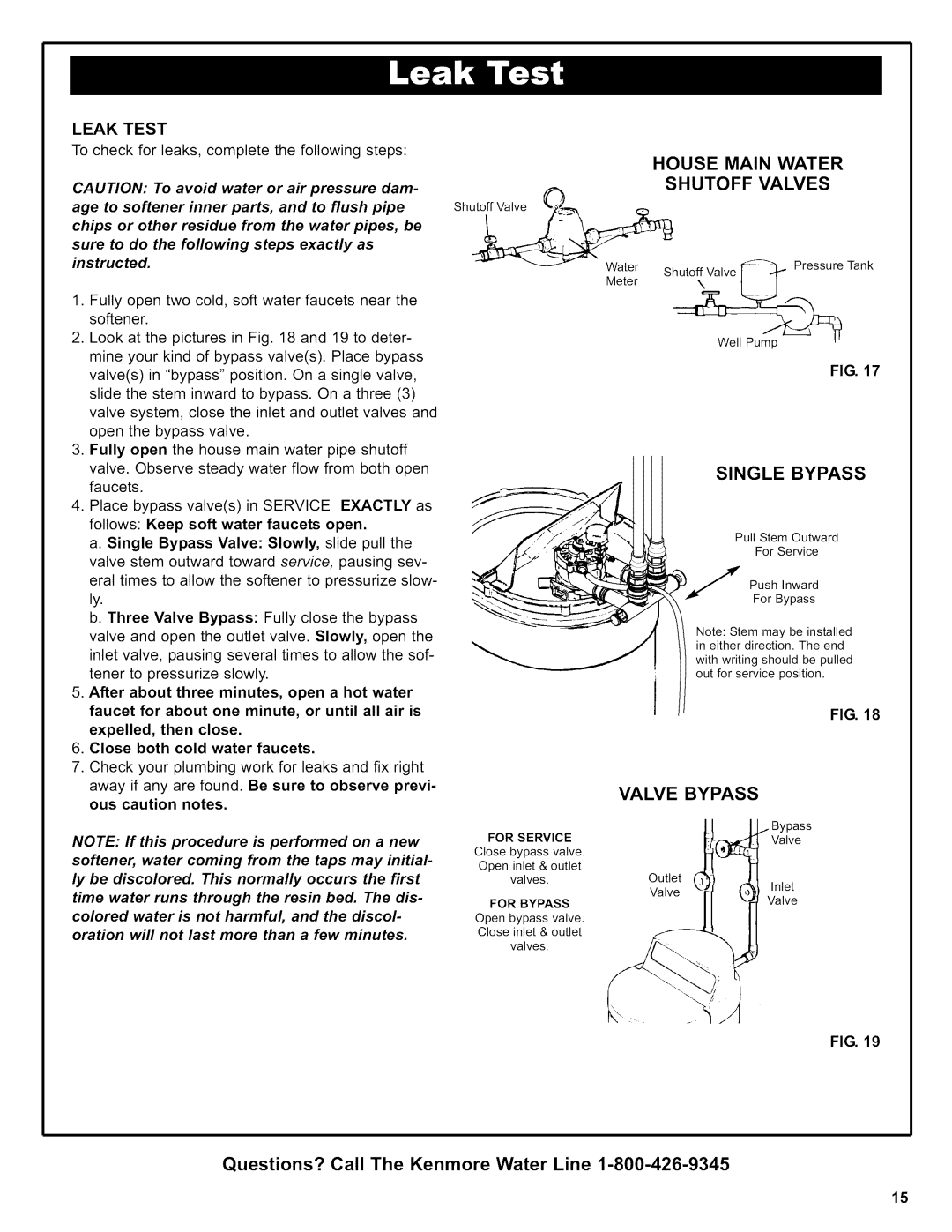 Kenmore 625.39356, 625.38356 owner manual House Main Water Shutoff Valves, Leak Test 