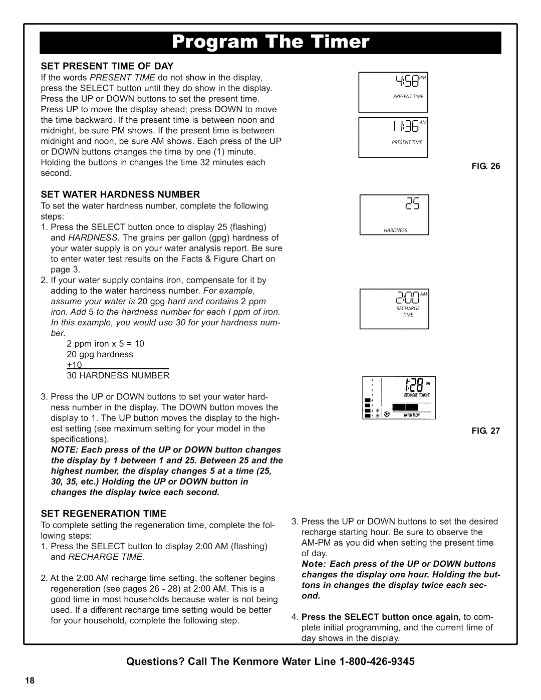 Kenmore 625.38356, 625.39356 owner manual SET Presenttime of DAY, SET Water Hardness Number, SET Regeneration Time 