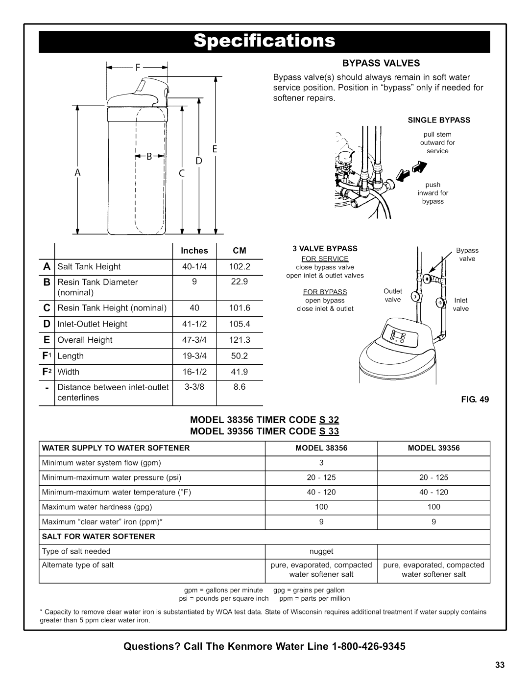 Kenmore 625.39356, 625.38356 owner manual Bypass Valves, Inches, Model 38356 Timer Code S Model 39356 Timer Code S 