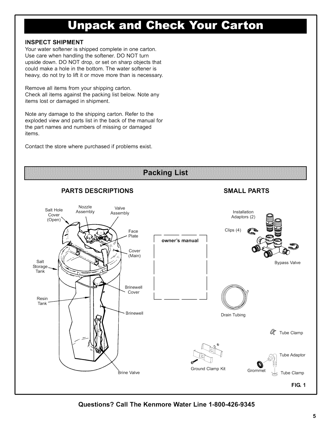 Kenmore 625.39356, 625.38356 owner manual Inspectshipment, Parts Descriptions, Small Parts 