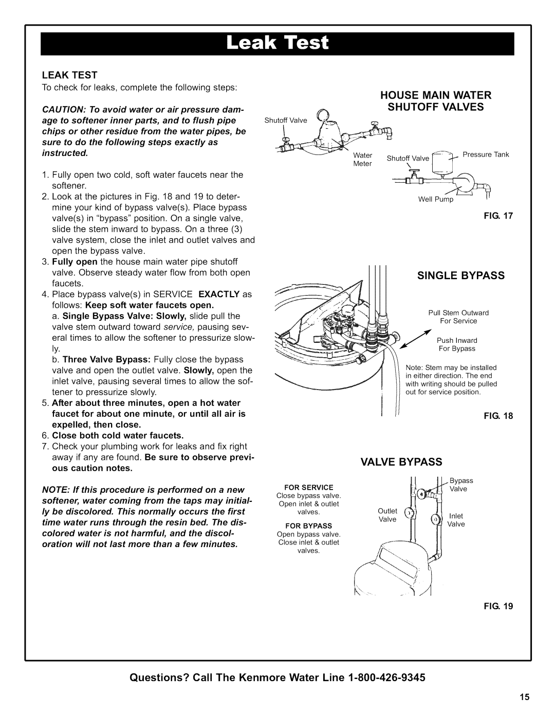 Kenmore 625.38356 owner manual House Main Water Shutoff Valves, Single Bypass, Leak Test 