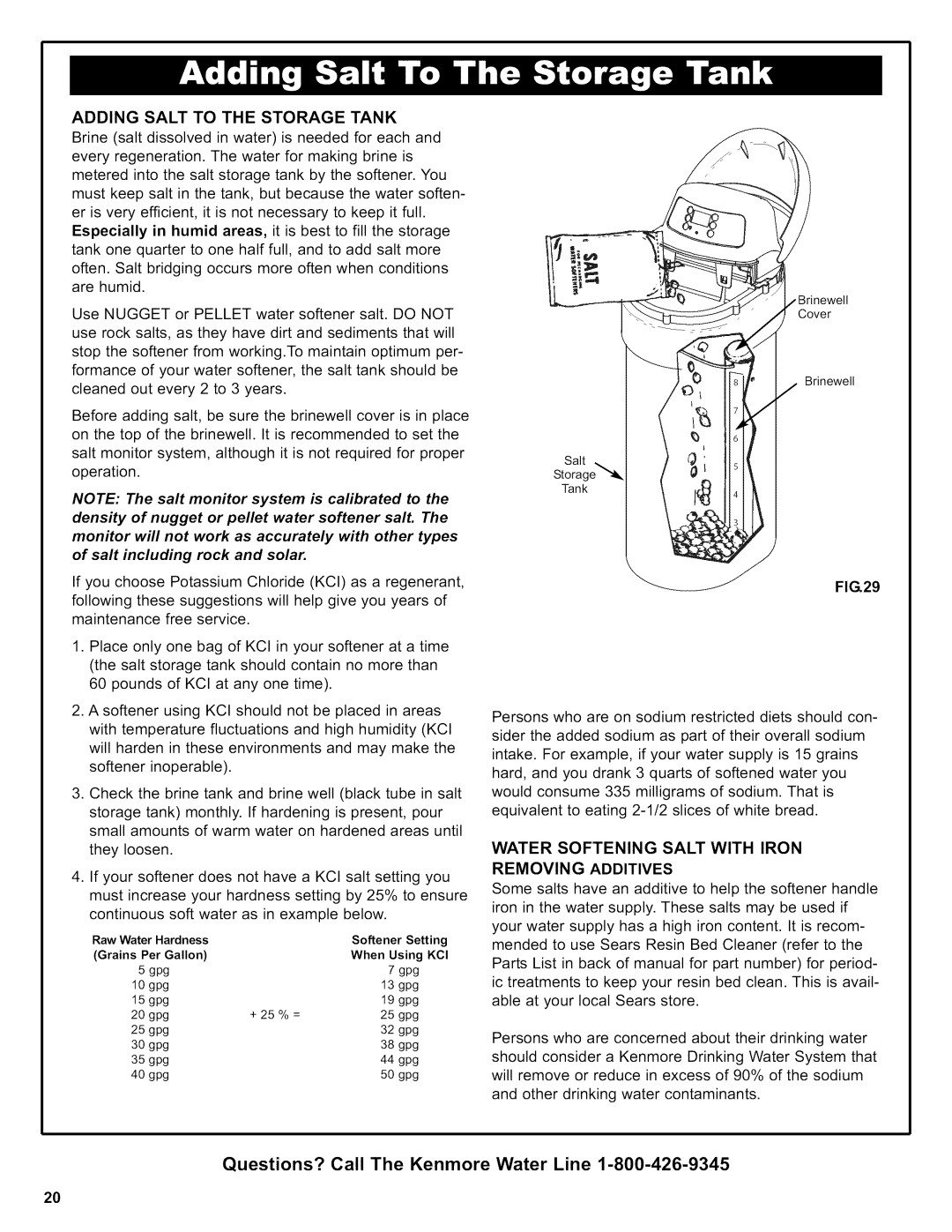 Kenmore 625.38356 owner manual Addingsalttothe Storagetank, Water Softening Salt with Iron, Removing Additives 