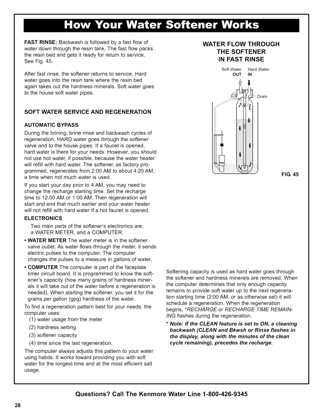 Kenmore 625.38356 owner manual Water Flow Through Softener Fast Rinse, Soft Water Service and Regeneration Automatic Bypass 