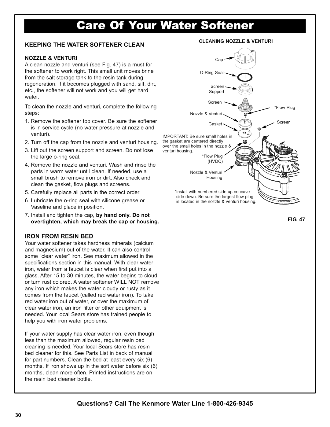 Kenmore 625.38356 owner manual Cleaning Nozzle & Venturi Keeping the Water Softener Clean, Iron from Resin BED 