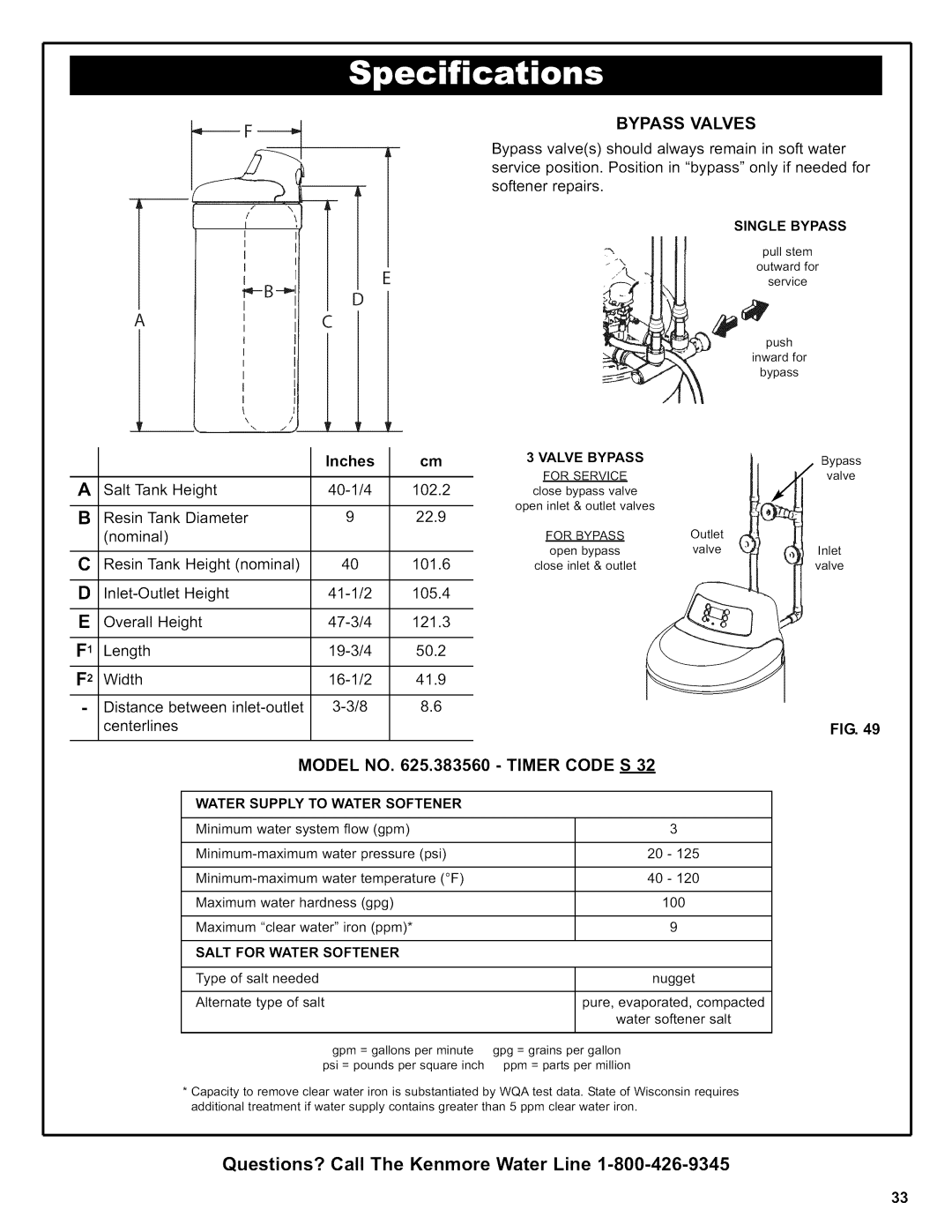 Kenmore owner manual Bypass Valves, Model no, 625.383560, Timer Code S 