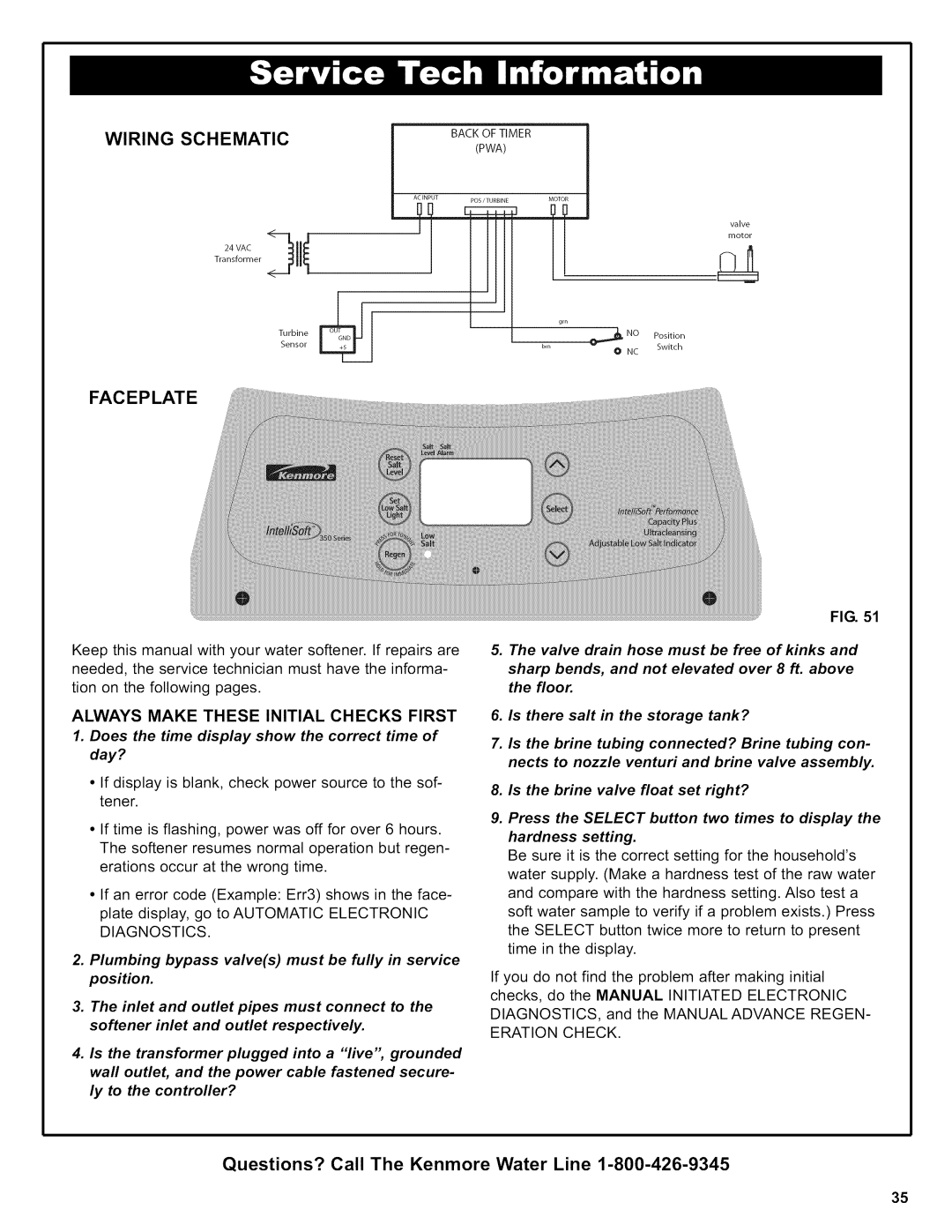 Kenmore 625.38356 owner manual Faceplate, Wiring Schematic, Always Make These Initial Checks First, Eration Check 