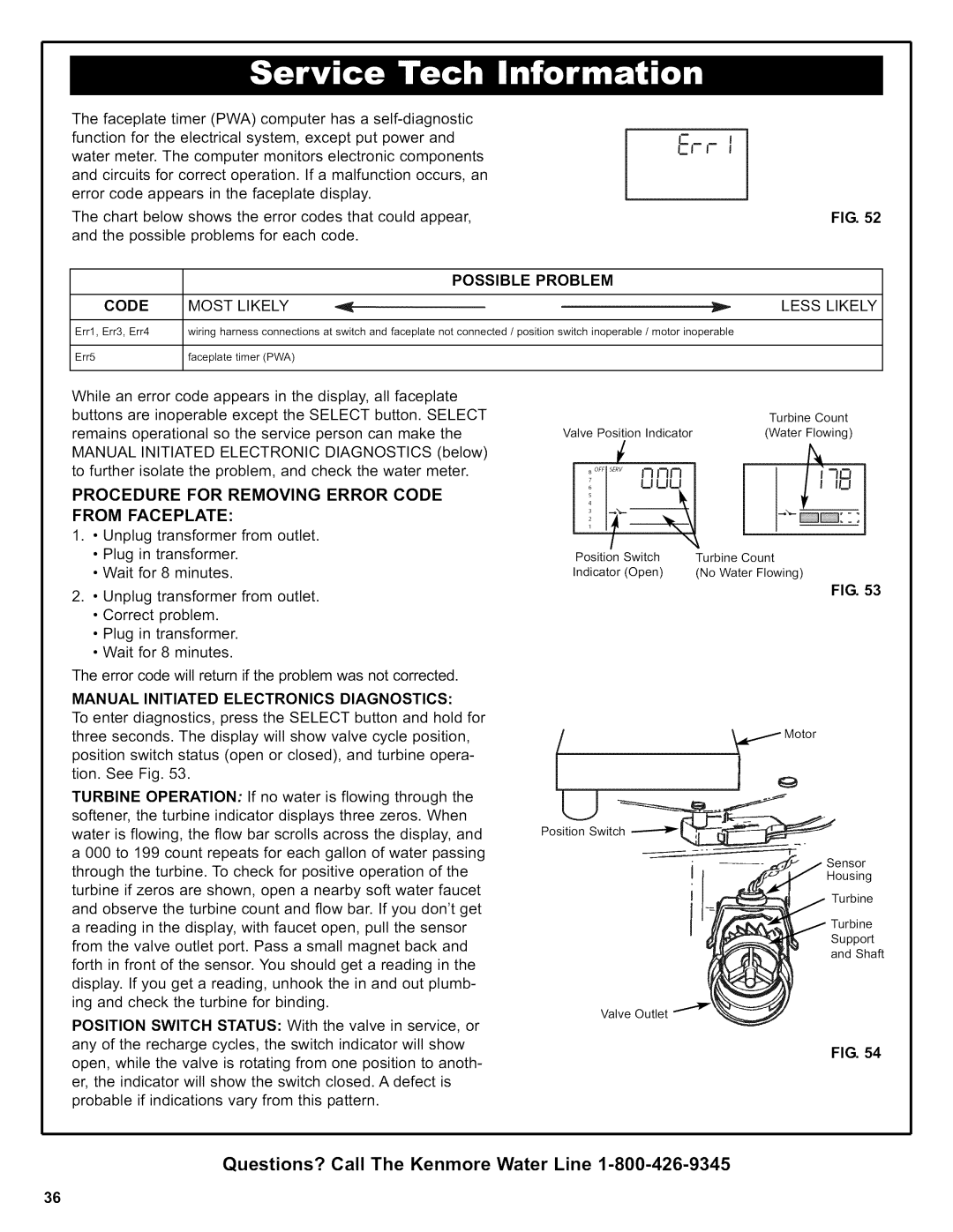 Kenmore 625.38356 Possible Problem, Code Most Likely, Less Likely, Procedure for Removing Error Code From Faceplate 