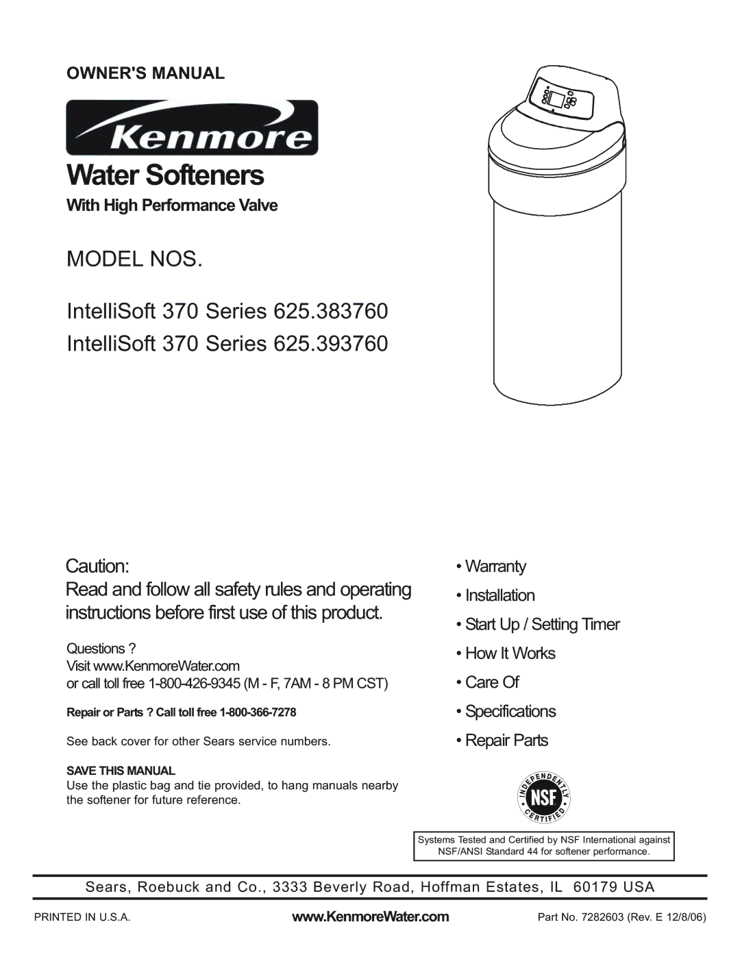 Kenmore 625.39376, 625.38376 warranty Repair or Parts ? Call toll free, Save this Manual 