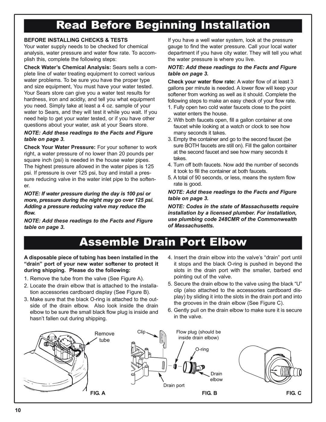 Kenmore 625.38376 warranty Read Before Beginning Installation, Assemble Drain Port Elbow, Before Installing Checks & Tests 