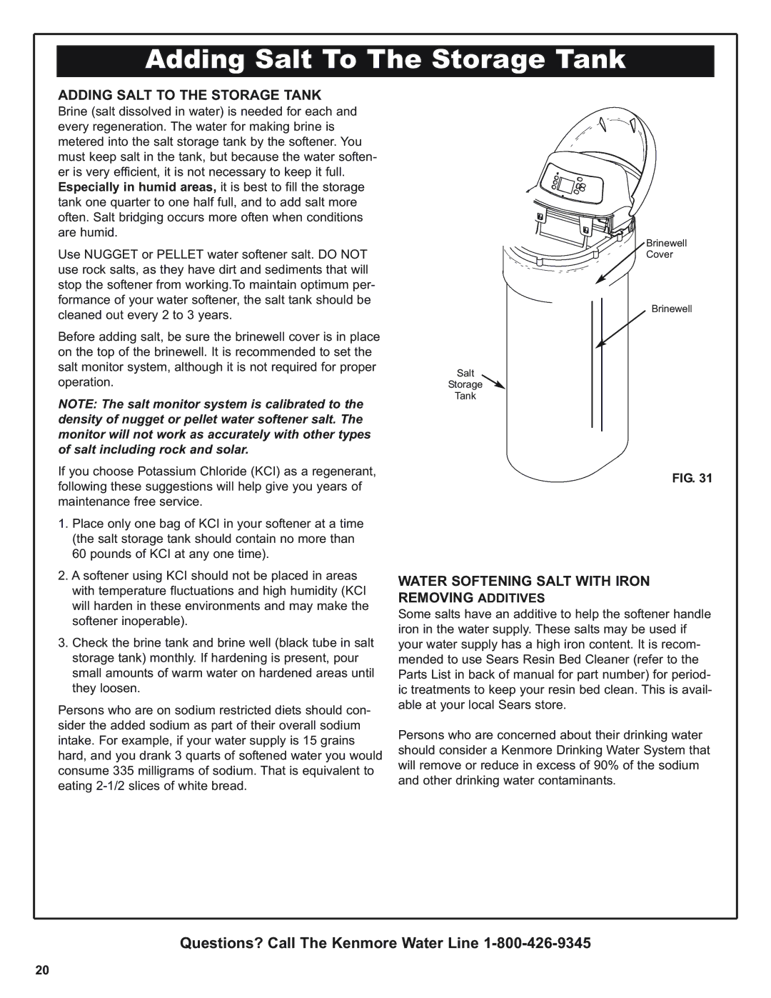 Kenmore 625.38376, 625.39376 warranty Adding Salt To The Storage Tank, Adding Salt to the Storage Tank 