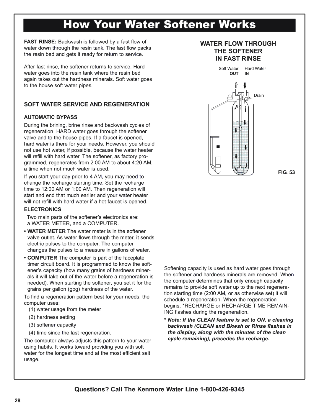 Kenmore 625.38376, 625.39376 warranty Water Flow Through Softener Fast Rinse, Automatic Bypass, Electronics 