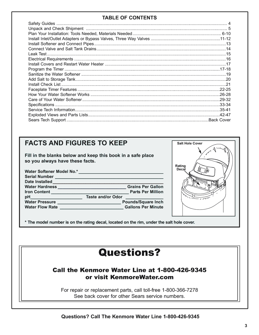 Kenmore 625.39376, 625.38376 warranty Facts and Figures to Keep, Table of Contents 