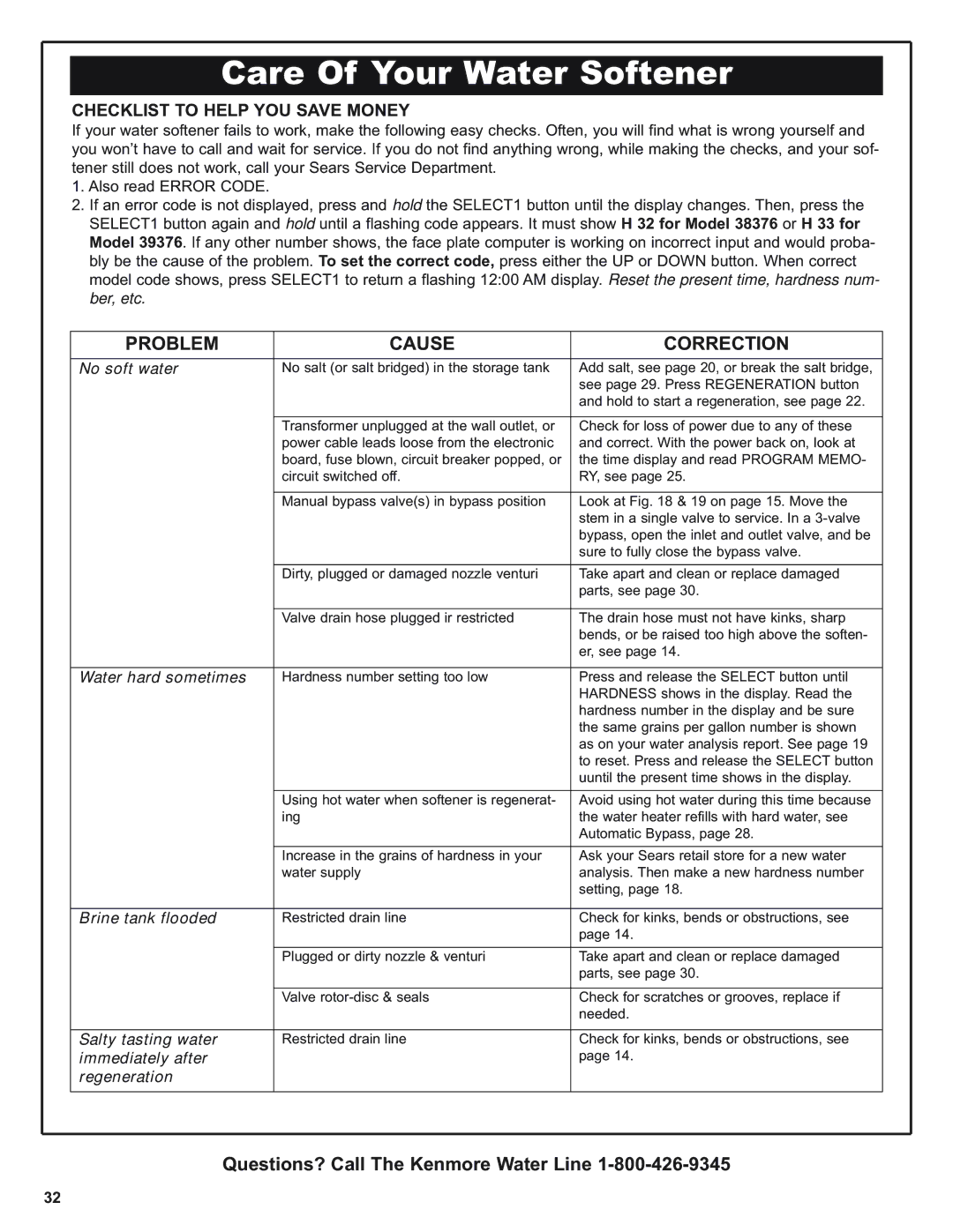 Kenmore 625.38376, 625.39376 warranty Problem Cause Correction, Checklist to Help YOU Save Money 