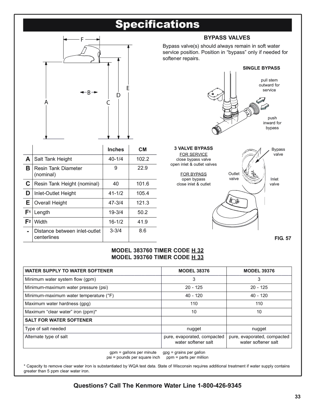 Kenmore 625.39376, 625.38376 Specifications, Bypass Valves, Model 383760 Timer Code H Model 393760 Timer Code H, Inches 