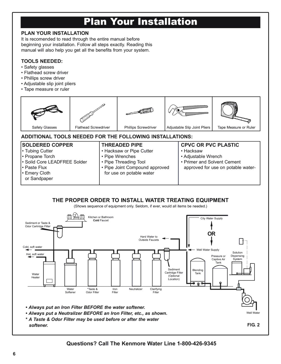 Kenmore 625.38376, 625.39376 warranty Plan Your Installation, Proper Order to Install Water Treating Equipment, Tools Needed 