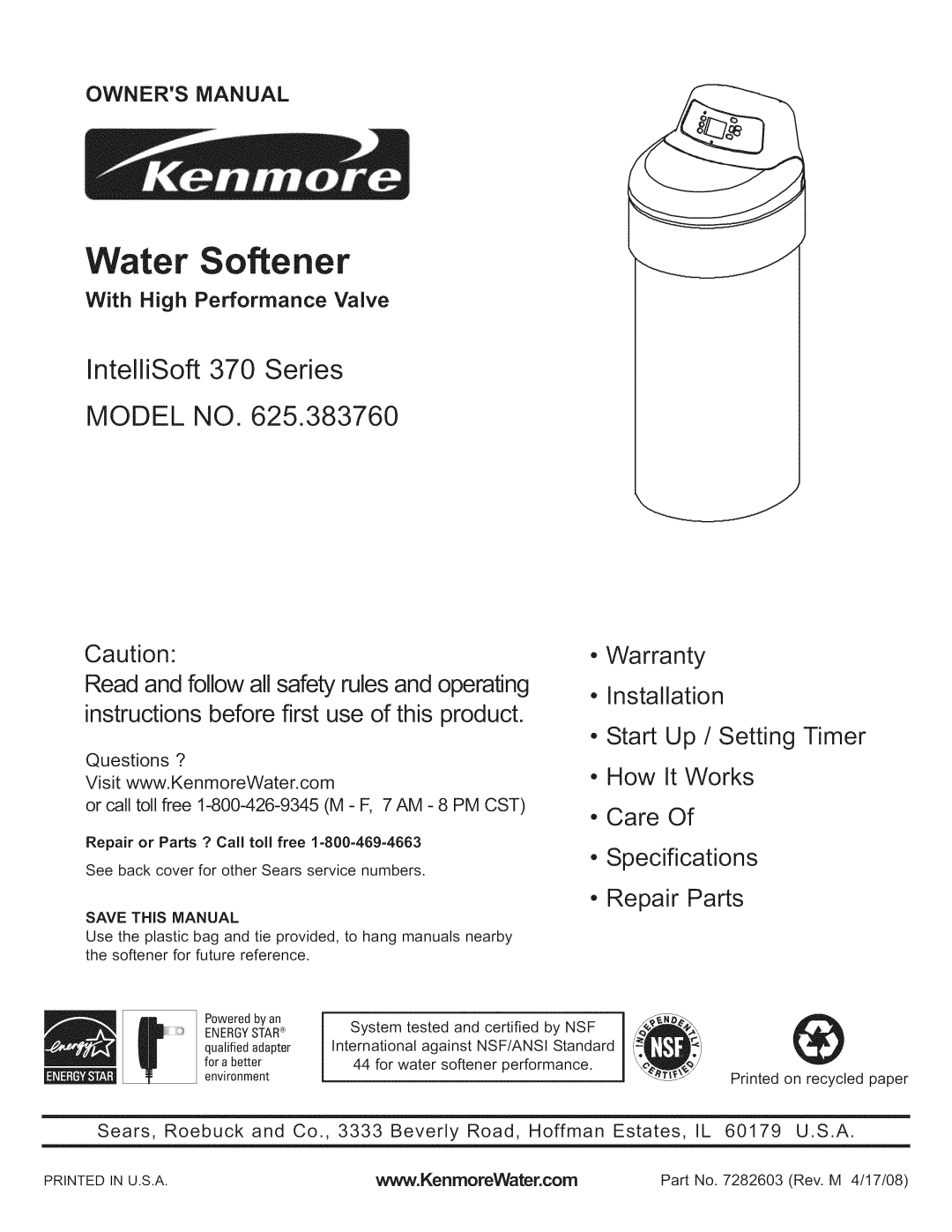 Kenmore 625.38376 owner manual Save this Manual, Part No Rev. M 4/17/08 