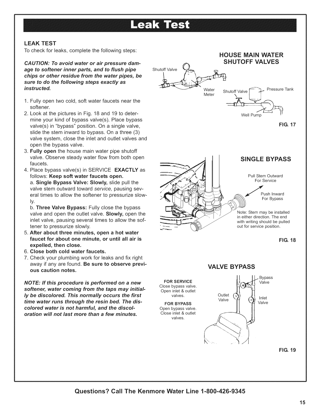 Kenmore 625.38376 owner manual House Main Water Shutoff Valves, Single Bypass, Leak Test 