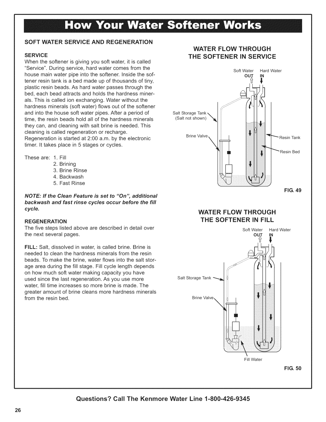 Kenmore 625.38376 owner manual Water Flow Through Softener in Service, Water Flow Through Softener in Fill, Regeneration 