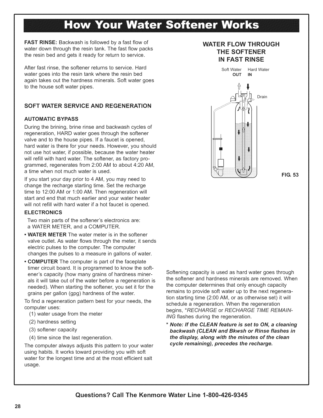 Kenmore 625.38376 owner manual Water Flow Through Softener Fast Rinse, Soft Water Service and Regeneration Automatic Bypass 