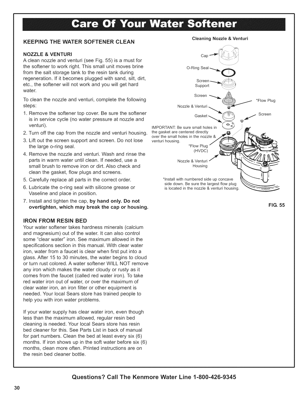 Kenmore 625.38376 owner manual Keeping the Water Softener Clean, Nozzle & Venturi, Iron from Resin BED 