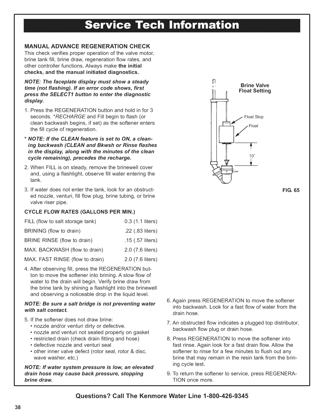 Kenmore 625.38376 Manual Advance Regeneration Check, Cycle Flow Rates Gallons PER MIN, Brine Rinse, MAX. Backwash 