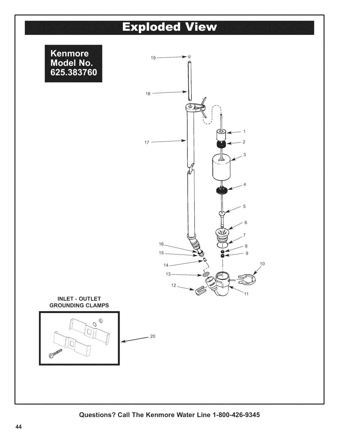 Kenmore 625.38376 owner manual Inlet Outlet, Grounding Clamps 