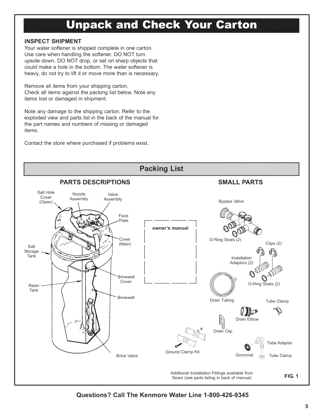 Kenmore 625.38376 owner manual Parts Descriptions, Small Parts, INSPECT Shipment 