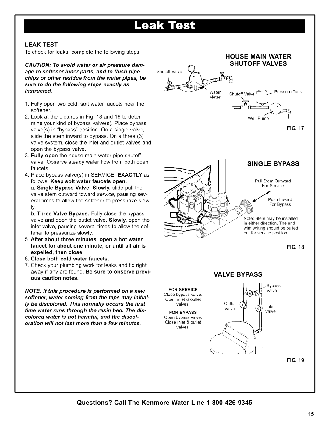 Kenmore 625.38376 owner manual House Main Water Shutoff Valves, Single Bypass, Leak Test 